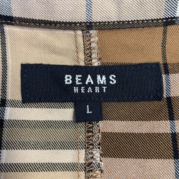 BEAMS HEART Size L Brown Black White Plaid Cotton Blend Snaps Short Sleeve Shirt - Picture 4 of 5